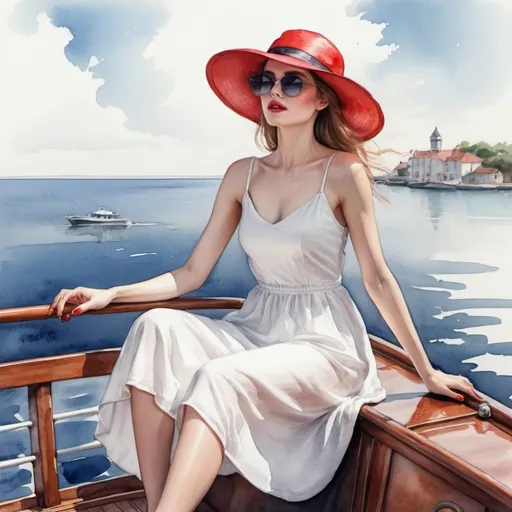Prompt:  woman in a white dress, red hat, sitting on the roof of a boat, fashion model in sunglasses, sea breeze rises into the air, beautiful!, fantasy realistically beautiful, English watercolor drawing