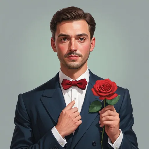 Prompt:  Illustration of a well-dressed man holding a red rose.