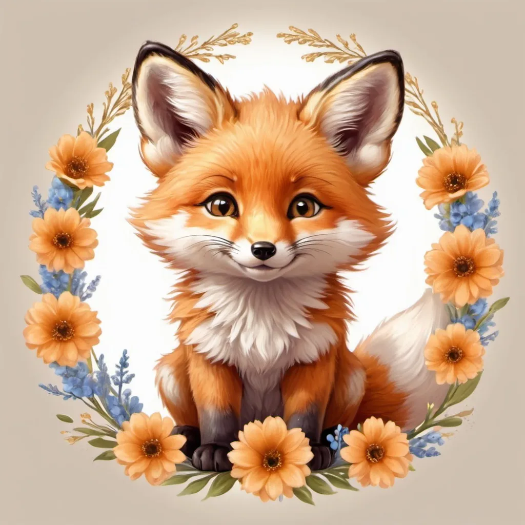 Prompt:  cute fluffy fox cub sitting with flowers on his head, small round face,cute happy face, cute cartoon, golden shining eyes, artistic visualization, hyperrealistic image, bright beautiful flower frame, high quality drawing.