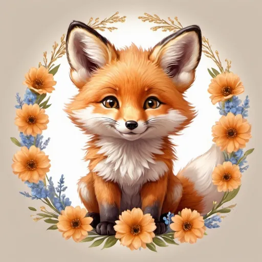 Prompt:  cute fluffy fox cub sitting with flowers on his head, small round face,cute happy face, cute cartoon, golden shining eyes, artistic visualization, hyperrealistic image, bright beautiful flower frame, high quality drawing.