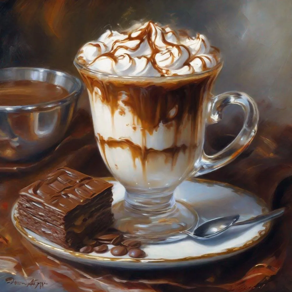 Prompt: a painting of a cup of coffee with whipped cream, by Pamela Ascherson, hot cocoa drink, cappuccino, by Terry Redlin, ( ( konstantin razumov ) ), volegov, adi granov, popular on art station, cozy cafe background, detailed soft painting, featured on art station, intricate detailed oil painting, chocolate art