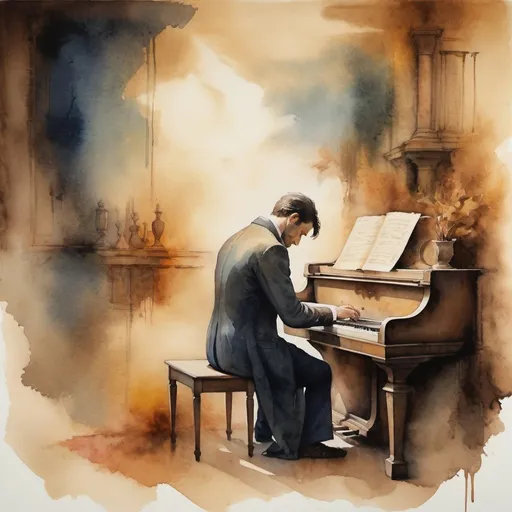 Prompt: Watercolor depicting Gymnopedie-inspired scene, parchment textures under melancholic, elegant, sharp-focused figure, dreamy colossal ambiance with smeared brushstrokes, blend of styles  vivid, dramatic, intense, unique, imposing,