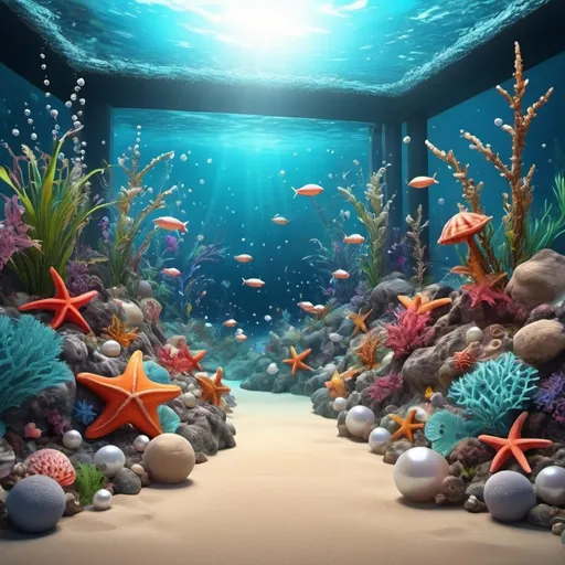 Prompt: aquarium filled with pearls and starfish, whimsical fantasy landscape, tropical vegetation, fun atmosphere, beautiful features, dynamic splashes, beach on outer edge, beautiful 3D rendering, cartoon image, rich, beautiful deep colors, beautiful
