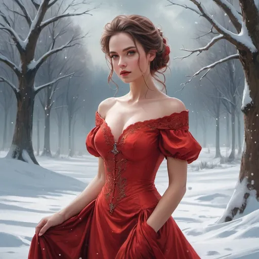 Prompt:  a woman in a red dress standing in the snow, beautiful fantasy art portrait, beautiful fantasy painting, very beautiful fantasy art, beautiful fantasy portrait, gorgeous digital painting, beautiful digital painting, stunning digital painting, beautiful character painting, in stunning digital paint, beautiful fantasy art, elegant digital painting, very beautiful digital art, gorgeous painting, gorgeous digital art, victorian painting
