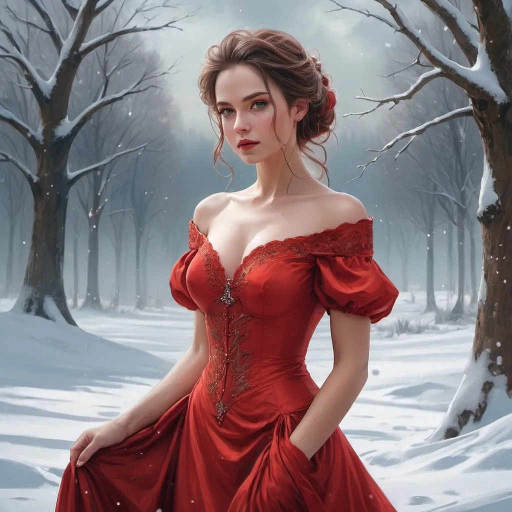 a woman in a red dress standing in the snow beautif