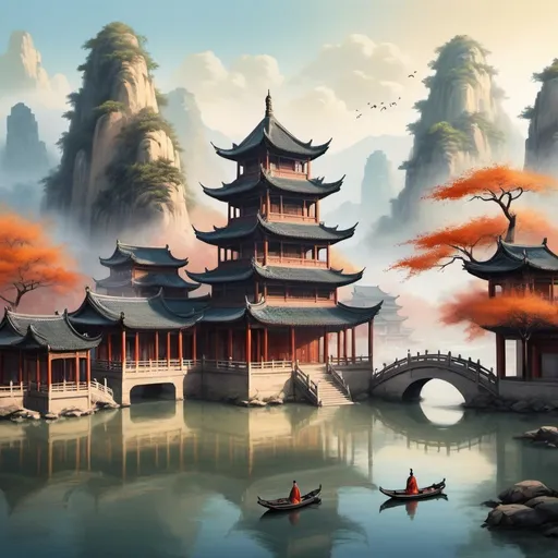 Prompt: pagoda painting in the middle of the river, dreamy chinese city, ancient chinese architecture, chinese style painting, beautiful fantasy painting, anime landscapes, chinese architecture, zen temple background, chinese painting, traditional chinese art, ancient chinese art style, beautiful render of tang dynasty