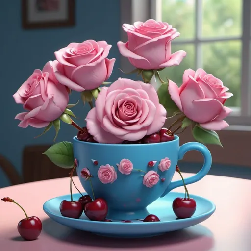 Prompt: blue cup filled with pink roses and cherries, anime 3 d art, exquisite design, morning coffee cute, colorful, realistic, high detail, rim light, 3D animation graphics, stunning matte painting