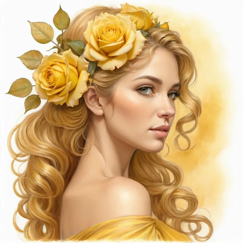 Prompt: woman with yellow roses in her hair, charming   image, golden goddess, beautiful image, utopia profile,   bright pencil drawing, botanical