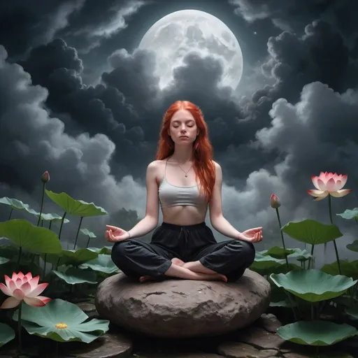 Prompt:  a red-haired girl sits on a stone in a lotus position among thick clouds, serenity and harmony, meditation, mysticism, overgrown with plants, moonlight, darkness,
muted palette, fantasy realism, relax atmosphere, hyperrealism, microdetalization