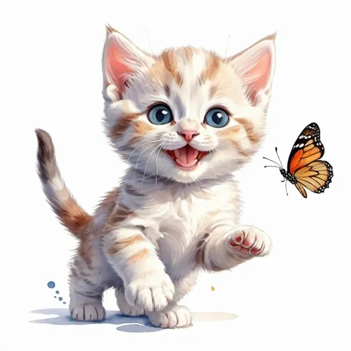 Prompt:  a kitten playing with a butterfly on a white background, a smiling cat with cute, loving eyes, jumping towards the viewer,bright cartoon drawing, computer graphics, watercolor drawing, realistic