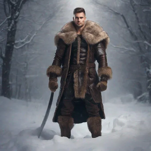 Prompt: a man in a fur coat standing in the snow, a character portrait by Alexander Kucharsky, pinterest contest winner, antipodeans, fur and leather armor, heroic masculine pose, male barbarian