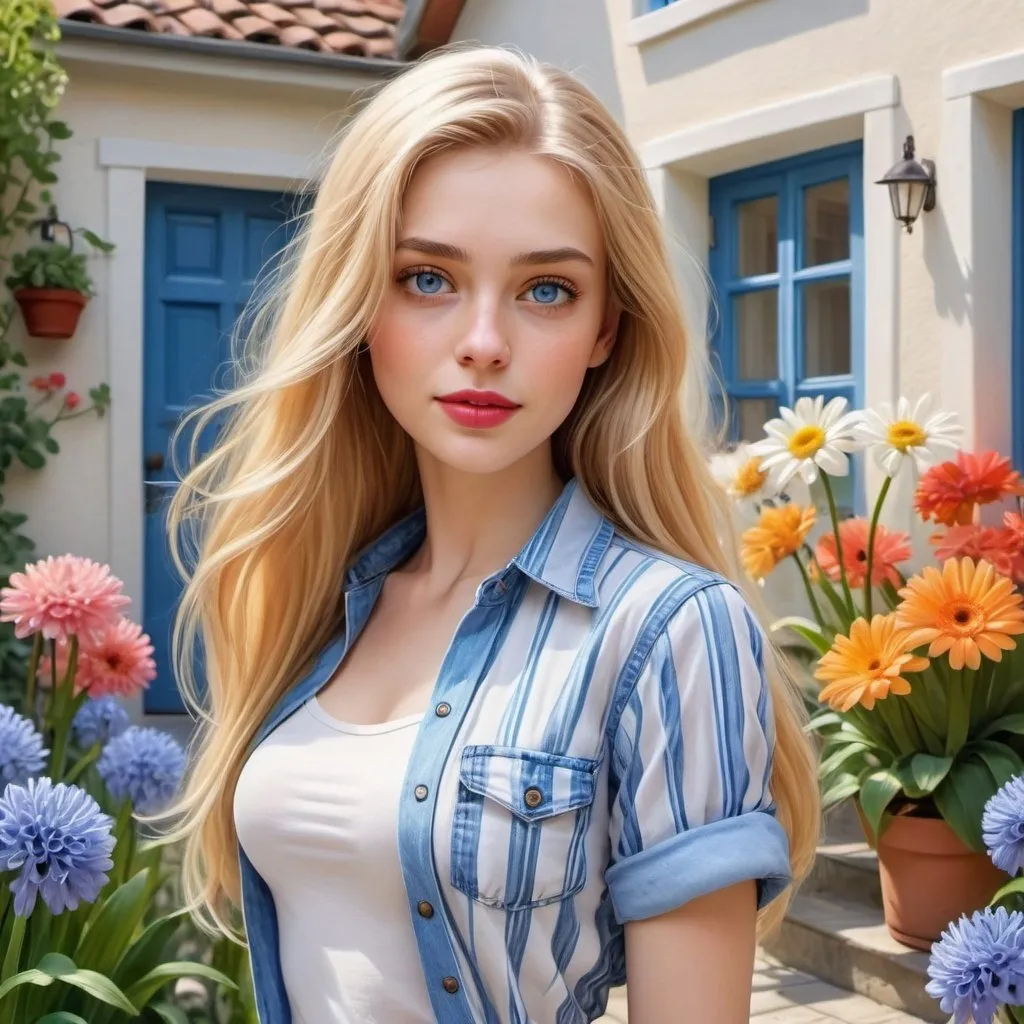 Prompt: a woman, an ideal face , expressive blue eyes, moderate make-up, lipstick, with long blond hair, beautiful face and body shape, in denim shorts , a white slightly striped blouse standing against a background of flowers in the courtyard of the house , gerberas , hyacinths , botanical, high detail, medium plan,saturated bright colors realistic cartoon,