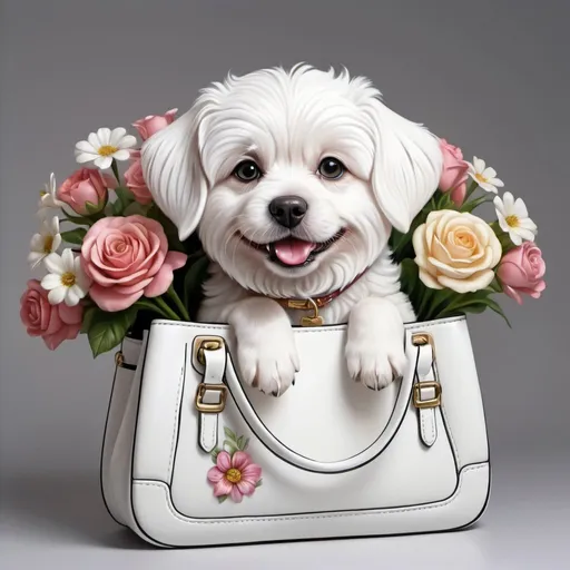 Prompt:  white dog, painfully adorable, beautiful, cartoonishly cute, majestic, richly dressed, hyperreal, sitting inside a white handbag with flowers, detailed realistic colors, airbrush graphics