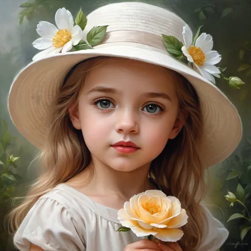 Prompt:  a little girl wearing a hat and holding a flower, beautiful angel girl portrait, realistic cute girl painting, beautiful portrait oil painting, beautiful portrait image, beautiful painting, romanticism painting, beautiful fantasy art portrait, exquisite painting, beautiful fantasy painting, gorgeous painting, young girl, stunning detailed picture, beautiful oil painting, very beautiful digital art
