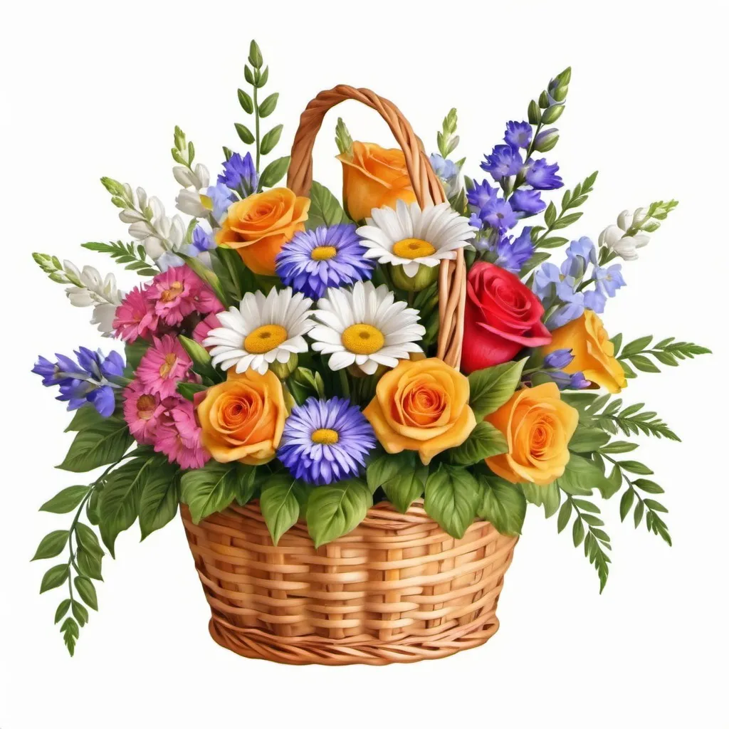 Prompt: basket filled with a bouquet of flowers, white background, high definition, realistic, beautiful, saturated colors, airbrush drawing