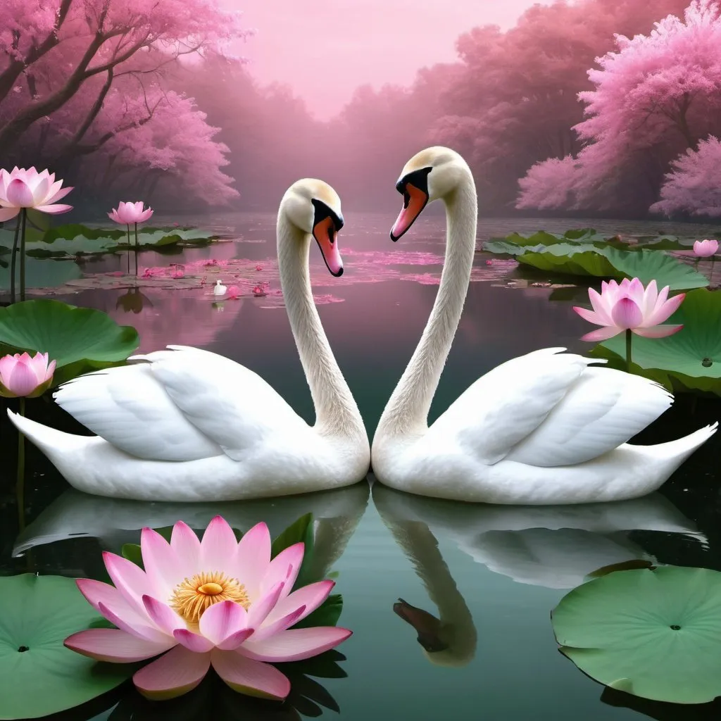 Prompt:  a couple of swans floating on top of a body of water, beautiful gorgeous digital art, pink bees, lush flowery outdoors, standing gracefully upon a lotus, beautiful avatar pictures, uniquely beautiful, garden utopia, inspired by Joan Ayling, pink lighting, inspired by Hyman Bloom
