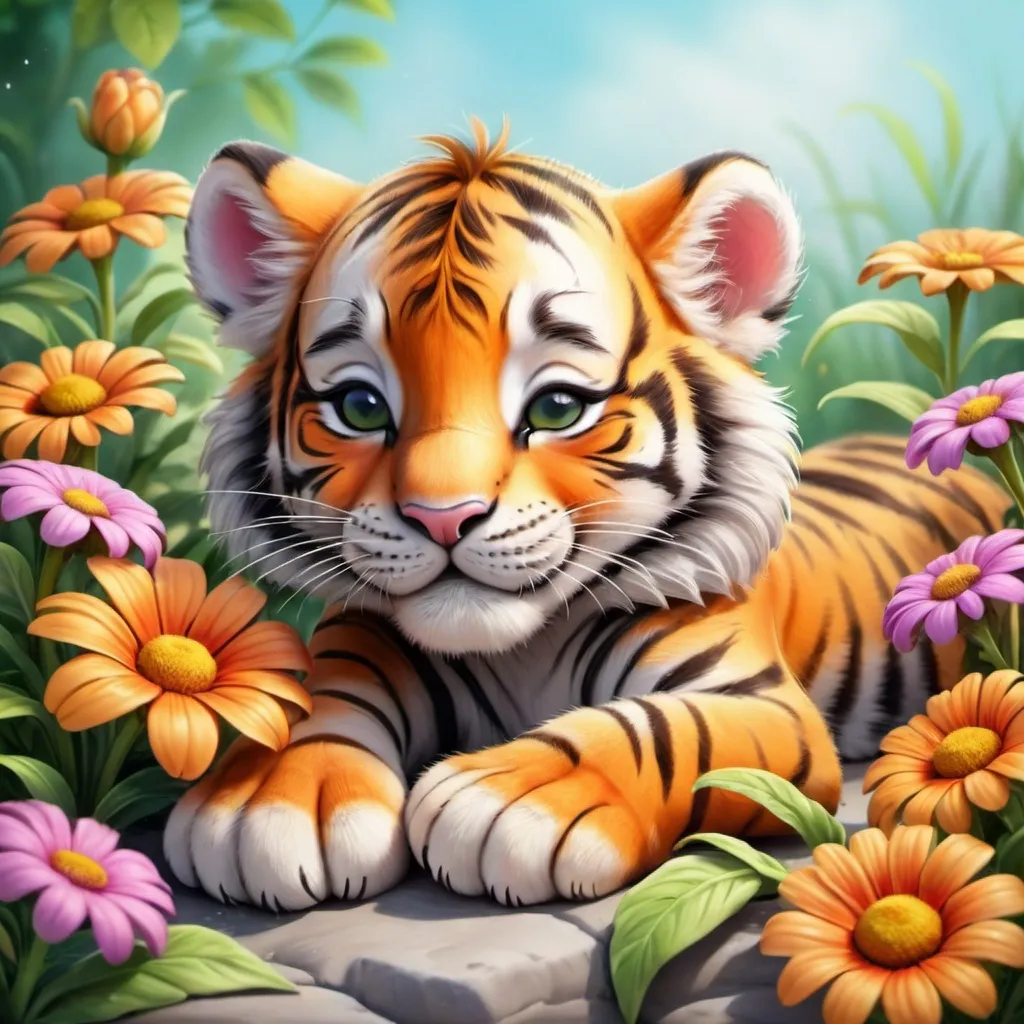 Prompt:  A cute little tiger cub, sleeping on a flower bed, a summer day, very beautiful, bright colors, beautifully realistic fantasy cartoon airbrush drawing