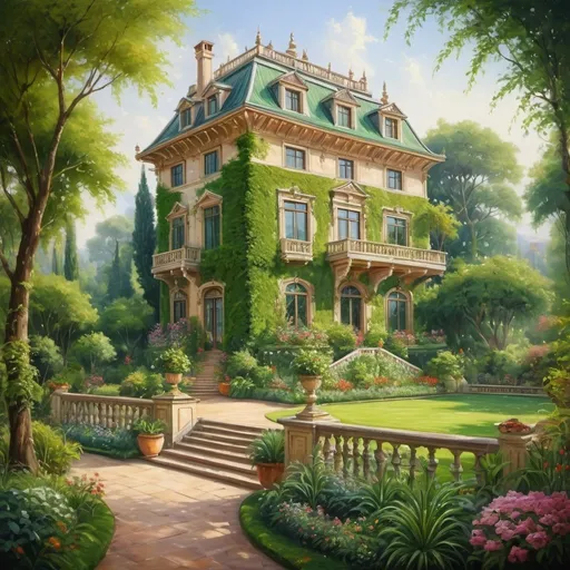 Prompt:  painting of a house in the middle of a garden, beautiful house, ornate palace of greenery,green terrace, romantic greenery, fantastic house, beautiful garden, beautiful terrace, garden landscape, royal garden landscape, romantic,beautiful fantastic painting, romantic landscape painting, very detailed
