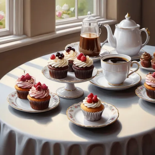 Prompt:  a painting depicting a table with a cup of coffee and cupcakes, breakfast,morning,exquisite rich decor , oil painting, hyperrealism, good morning, beautiful uhd 4K art, baking, highly detailed digital painting, art painting, exquisite painting, kitchen background, tea party, very beautiful digital art