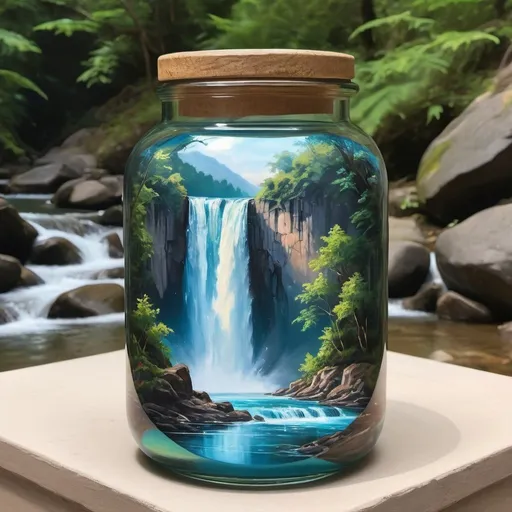 Prompt:  Let this enchanting glass jar transport you to a world where a woman gracefully enjoys the tranquility of a waterfall in a stunning painting. 🌊🖼 Escape Reality, Waterfall Wonder, Art InAJar