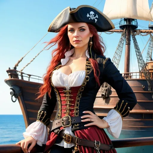 Prompt: woman in a pirate costume standing in front of a ship, female pirate, female pirate captain, pirate queen, with a pirate ship in the background, pirate portrait, beautiful fantasy style portrait, highly detailed digital painting 