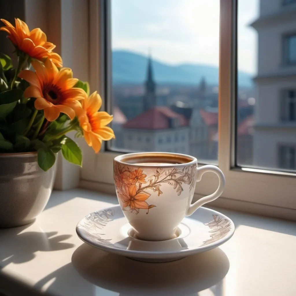 Prompt: By the window, an espresso cup standing on a saucer, richly luxurious decoration,flowers, a beautiful landscape outside the window, rays of the sun, high detail, realistic, three-dimensional drawing,
thin neon ink,
contour with a very thin pen