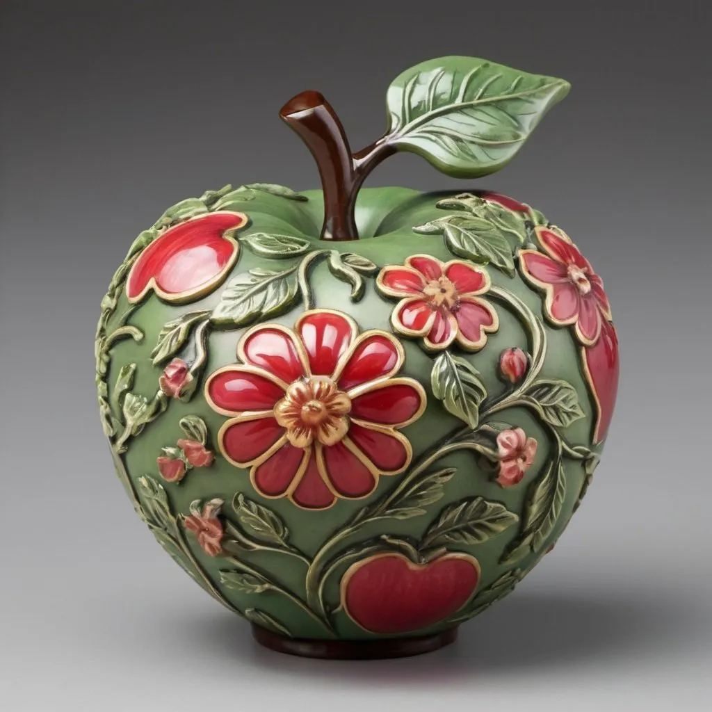 Prompt:  A decorative ornamental apple-shaped object with floral designs.