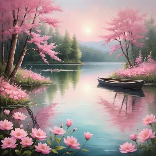 Prompt:  Let the soothing vibrations of this stunning piece of art wash over you as you imagine yourself on a tranquil lake, while the soft pink flowers add a touch of romance to the scene. 🎨💖 Escape Reality, Art Therapy, Pink Floral Magic