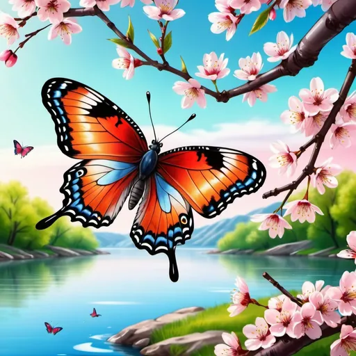 Prompt: round vignette close-up of a butterfly on it, against the background of a river and cherry blossoms, high-quality art, beautiful, realistic, bright saturated colors, drawing