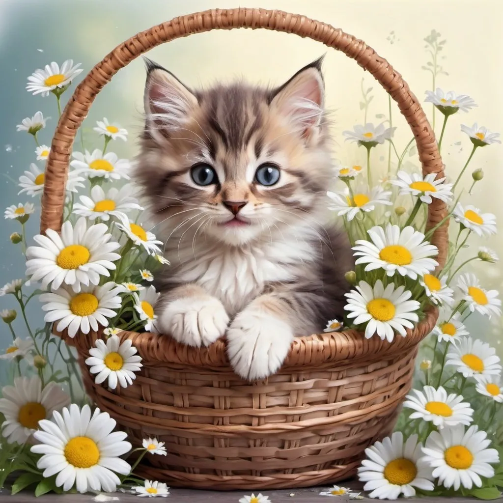 Prompt:  cute fluffy kitten sitting in a basket with daisies, smiling, floral lace, beautiful garden, fantasy beautifully fabulous drawing