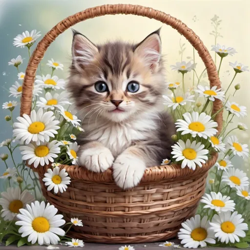 Prompt:  cute fluffy kitten sitting in a basket with daisies, smiling, floral lace, beautiful garden, fantasy beautifully fabulous drawing