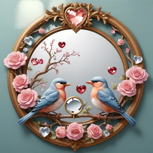 Prompt:  a couple of birds sitting on a branch of a tree, beautiful flowers and crystals, round mirror on the wall, in romantic style, three-dimensional image, several hearts, transparent backround, kissing smile, magnifying glass, listing image, baroque frame border, cartoon image, cracked mirror