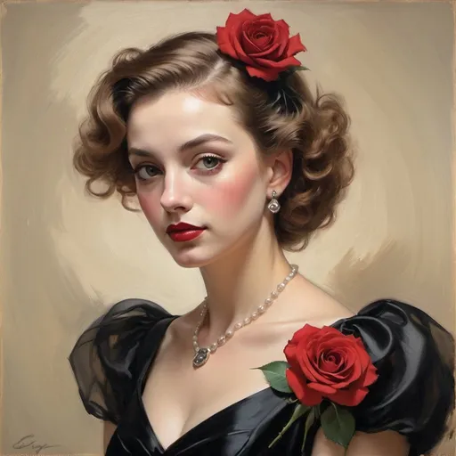 Prompt:  Stunning portrait of a woman with classic 1940s style hair and makeup, wearing a black dress with puff sleeves and holding a red rose. The painting reflects the elegance and glamor of the era, with intricate details of the woman's face, hairstyle and clothing. Created by John Singer Sargent or Edgar Degas using oil painting techniques, this work is highly realistic. Studio lighting adds depth to the image, making it seem as if the subject might step off the canvas at any moment. This piece of art is perfect for those who appreciate vintage fashion and timeless beauty.