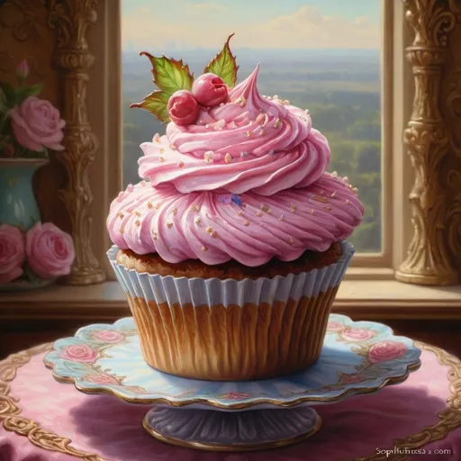Prompt:  a painting of a cupcake on a cake stand, a detailed painting by Sophie Anderson, featured on deviantart, fantasy art, beautiful detailed background, highly detailed digital painting, detailed soft painting