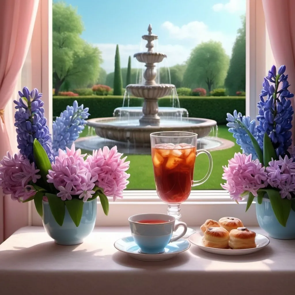 Prompt: a cup of iced tea,with pastries and a bouquet of hyacinths (pink, blue) on the table, exquisite luxurious setting, outside the window a view of the garden with a fountain, beautiful, colorful, realistic, high detail, 3D animation drawing, amazing matte painting,