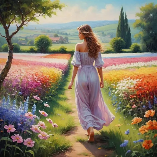 Prompt:  a painting of a woman walking through a garden, girl walking in flower field, beautiful fantasy painting, woman standing in flower field, girl walking in a flower field, romanticism painting, girl standing in flower field, girl standing in a flower field, woman in flowers, beautiful garden on background, gorgeous painting, beautiful painting, a goddess in a field of flowers