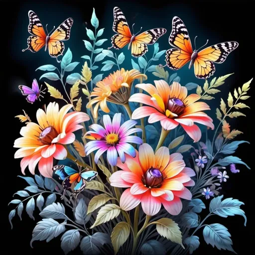 Prompt: bouquet of flowers and butterflies , ornate plants, detailed airbrushing, beautiful aesthetic design, digital art - w 640, realistic, contrast, backlight, glow effect, neon, watercolor painting
