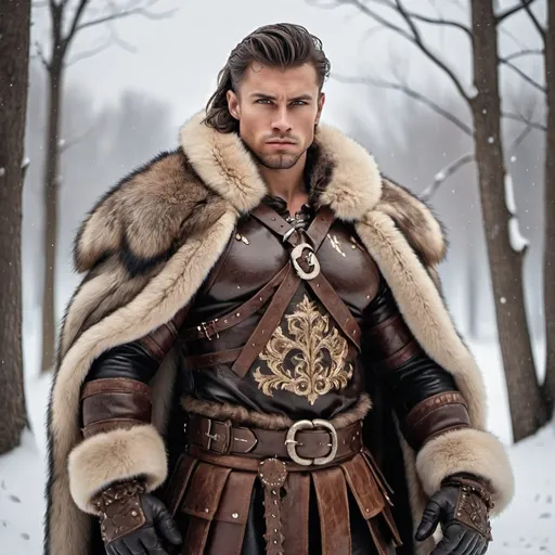 Prompt: a man in a fur coat standing in the snow, a character portrait by Alexander Kucharsky, pinterest contest winner, antipodeans, fur and leather armor, heroic masculine pose, male barbarian