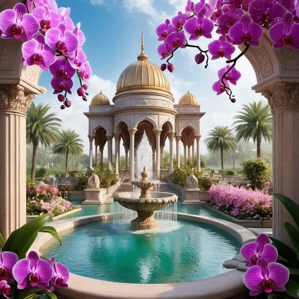 Prompt:  a beautiful garden with flowers and a fountain, beautiful fantasy art, orchid, the grand temple of flowers, ilustration, royal photo, good morning, beautiful fantasy, arabian features, cloud palace, dreamland, my home, beautiful aesthetic design