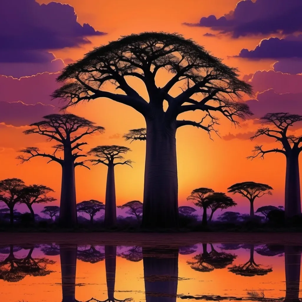 Prompt: Baobab trees at sunset

