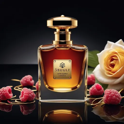 Prompt: Create a visually stunning social media advertisement for a luxury perfume. The scene should feature a sleek, elegant perfume bottle with gold and amber accents, placed on a polished surface surrounded by elements representing its notes. Include vibrant raspberries, saffron threads, and clove buds for the top notes, delicate roses, jasmine blossoms, and tea leaves for the heart notes, and rich amber, sandalwood, and patchouli for the base notes. The background should evoke a sense of sophistication with soft, atmospheric lighting and hints of a smoky, leather texture. The overall vibe should exude luxury, allure, and timeless beauty.