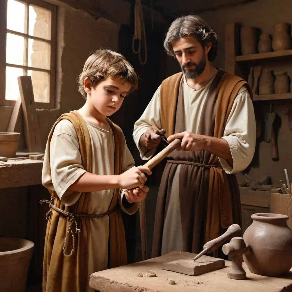 Prompt: a young saint joseph holding a hammer in his workshop, teaching boy jesus how to work, middle-eastern ethnicity, wearing clothes that early hebrews wore