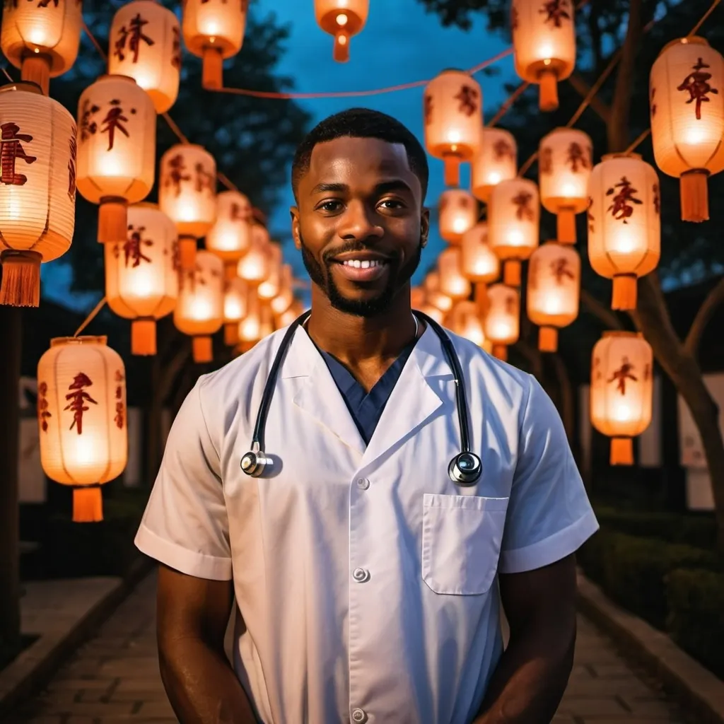 Prompt: Make  a picture of a  black male nurse standing in the midst of many lanterns 