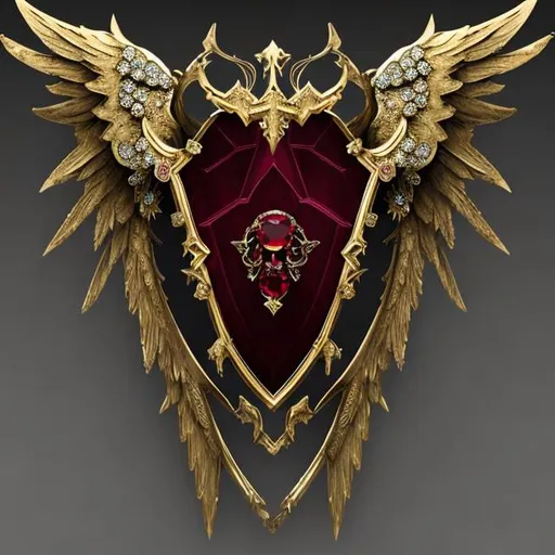 Prompt: Ω,  gothic style, gold trim,  rubies, diamonds, angel wings, intricate, 3d, shield crest, full view
 