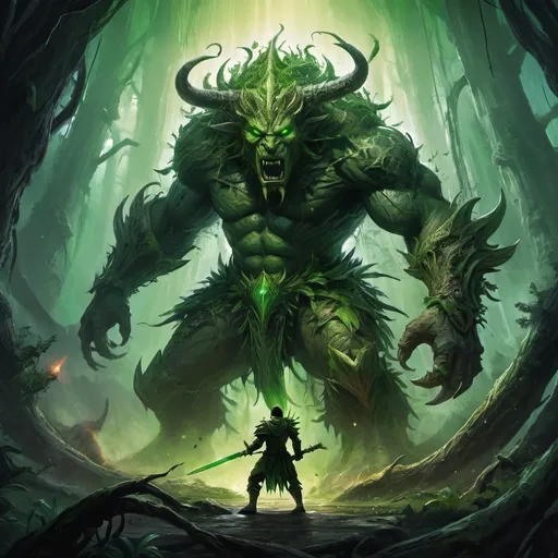 Prompt: The image depicts a fantastical, otherworldly scene of a battle between a human warrior and a towering, monstrous creature made of plant-like materials. The warrior appears to be wielding a weapon, engaged in a fierce confrontation with the massive, imposing figure. Vibrant green energy and ethereal effects fill the dark, foreboding environment, creating an atmosphere of tension and magical intensity. The scene evokes a sense of high-stakes conflict in a mysterious, supernatural landscape.