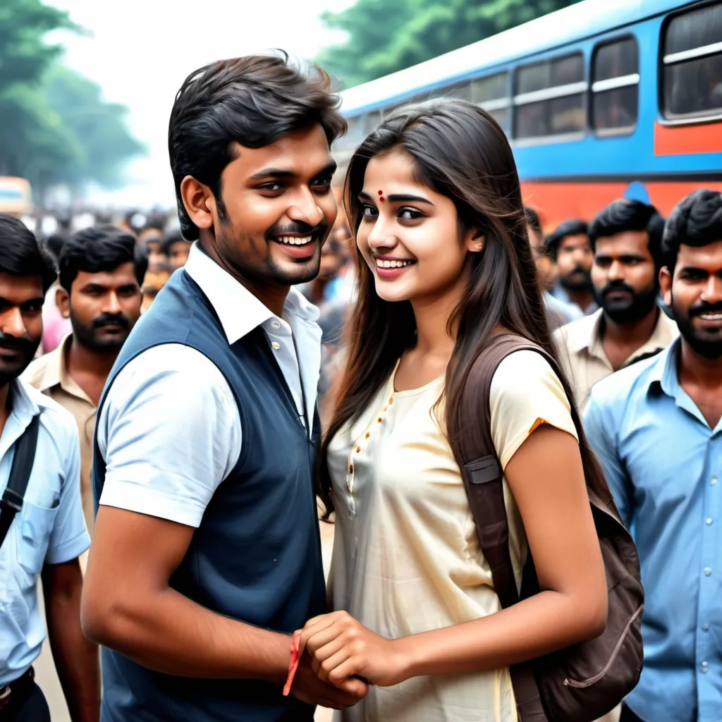 Prompt: A man is standiing in bus stand and too much crowd there. And too much tiraffic here. ANd one of beautiful girl looking at the man. And man giving smile to here.And man is also looking at the girl.