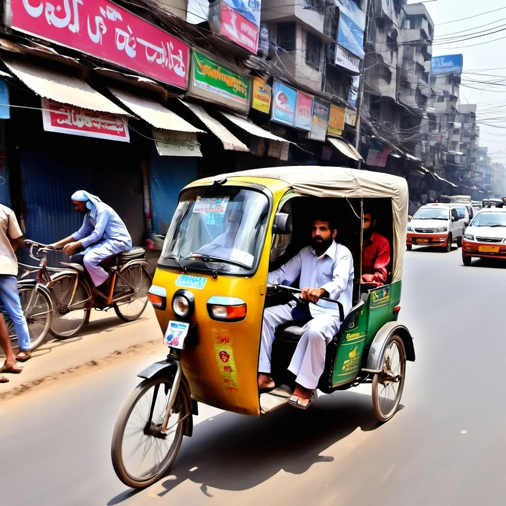 Prompt: A pakistani man is driving a rickshaw on road. And a bike driver stoppping rickshaw