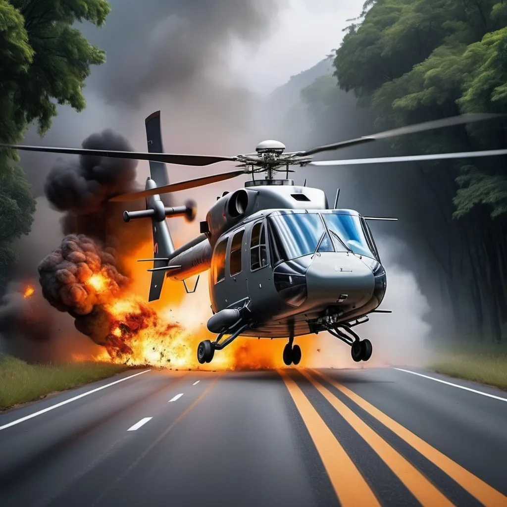 Prompt: A helicopter  crash on road