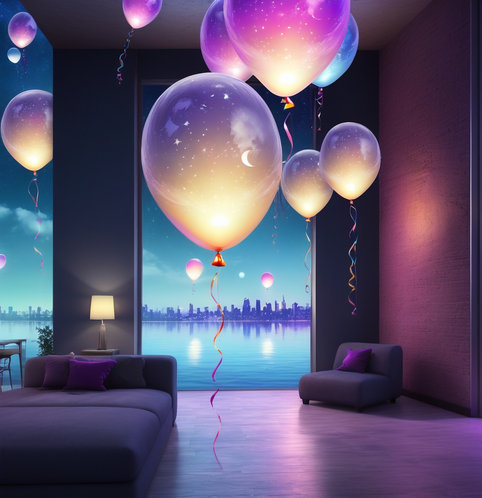 Prompt: (serene cityscape), colorful (balloons floating), tranquil night sky, luminous (moon casting soft light), detailed urban skyline, reflections on water, dreamy ambiance, soft blues and purples, (high-quality 4K), peaceful and tranquil atmosphere, ethereal scenery, vast horizon, (no humans present).