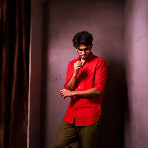 Prompt: A young man stands casually in a simple indoor environment, illuminated by soft ambient light that accentuates the muted tones of the concrete walls. Dressed in a bright red shirt that contrasts with his olive green pants, he strikes a relaxed pose, with his left hand adjusting his cuff while his right hand rests naturally. His dark, tousled hair and glasses add a thoughtful aspect to his demeanor, as he gazes slightly downwards, suggesting a moment of introspection. A brown curtain with subtle patterns hangs nearby, and a hint of textured flooring completes the scene, which conveys an intimate, personal atmosphere enhanced by mundane domestic elements.